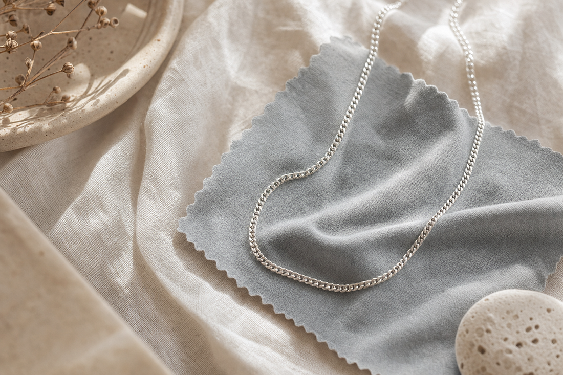 Sterling silver chain on a polishing cloth