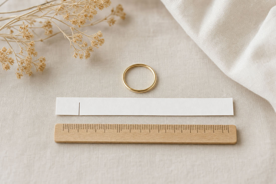 Gold ring beside a paper strip and ruler for measuring ring size