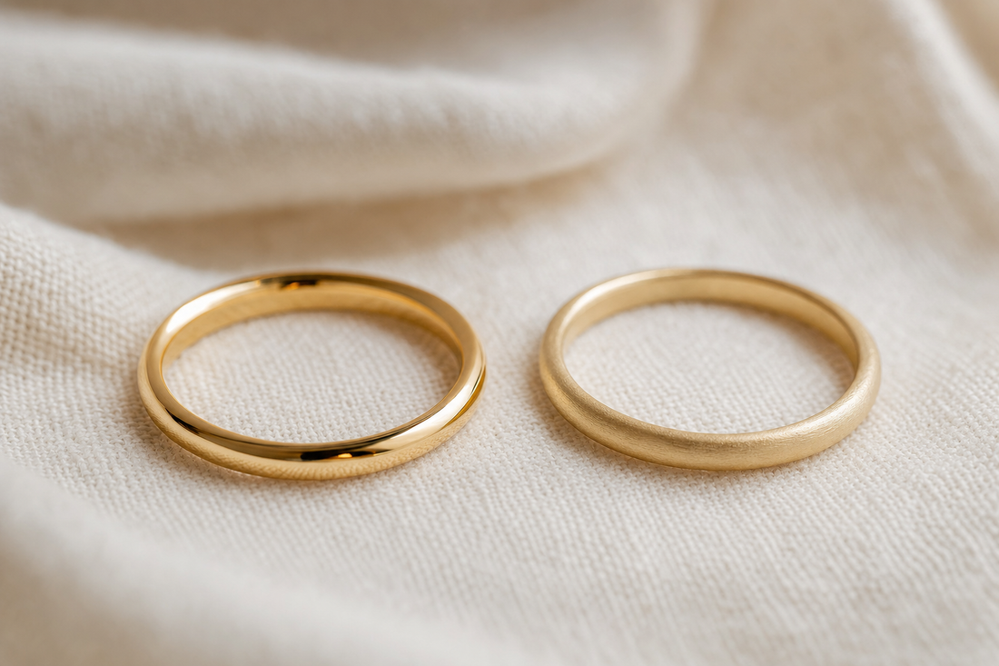 Two gold rings side by side showing different finishes