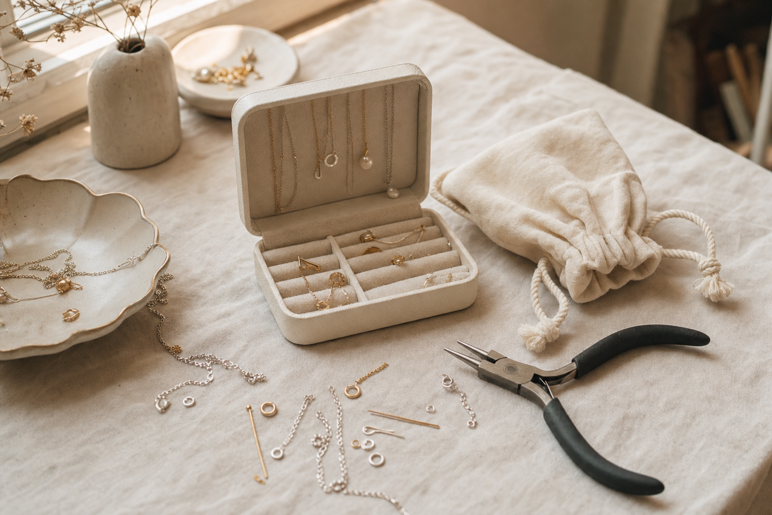 Overhead view of a home jewellery workshop table with pliers, chain and findings