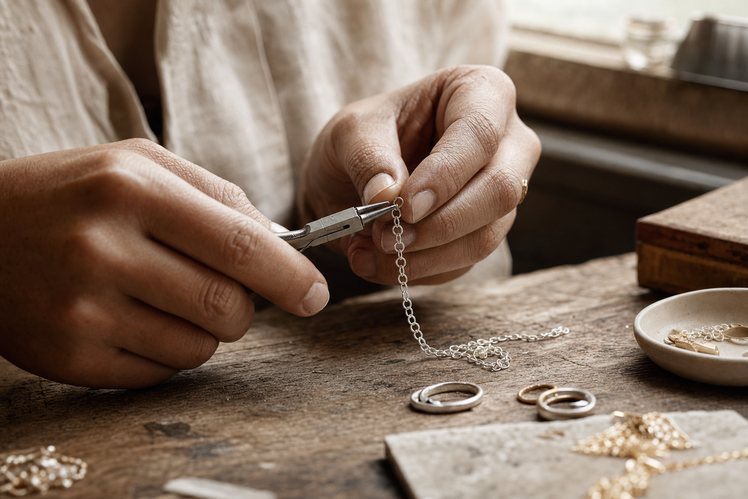 Jeweller's hands finishing a sterling silver chain link at a workbench