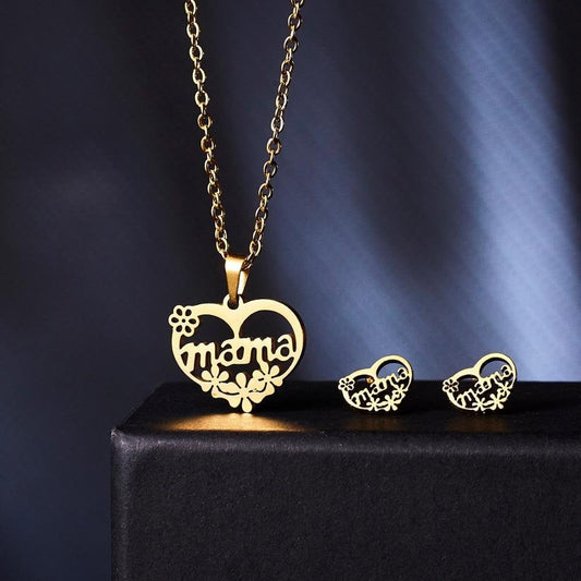 Gold Mama heart pendant necklace and matching stud earrings