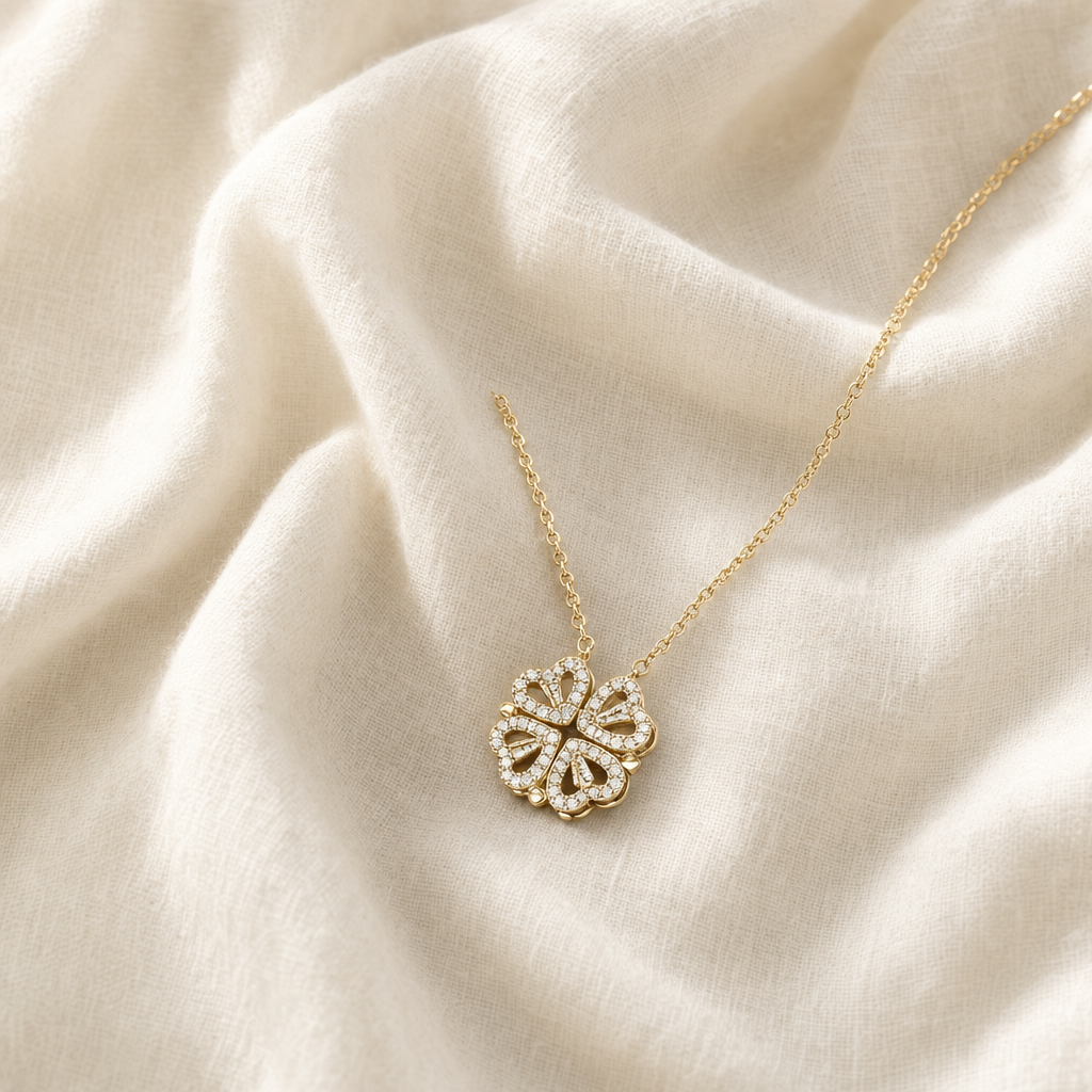 Gold four-leaf clover pendant necklace on linen